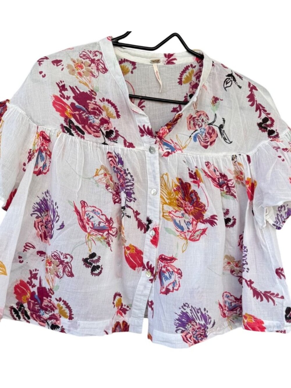 Free People Women's Medium Floral Printed Button-Up Short-Sleeve Blouse